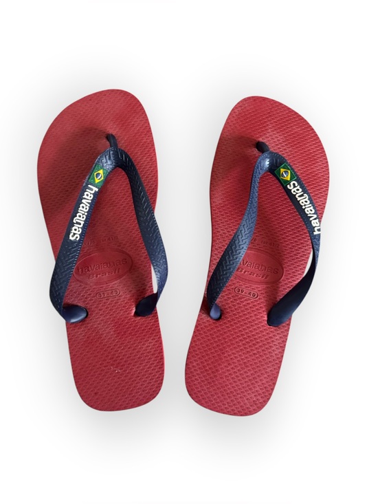 Havaianas Shoes - Havaianas Red Flip Flops with Navy Straps and Brazilian Flag Detail